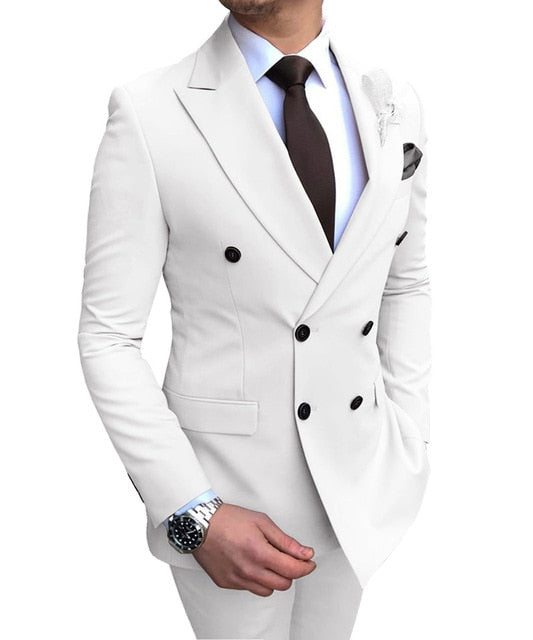 2020 New White Double-breasted Men's Suit Jacket For Wedding Notch Lapel Flat Slim Fit Formal Wear Gala Outfit(Blazer+Pants)