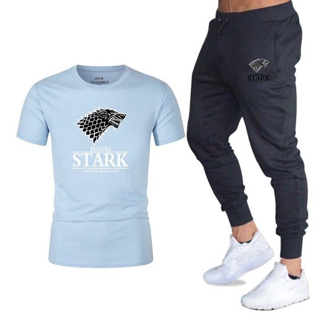 two piece set men t-shirt pants game of thrones tshirt print wolf sweat suits o-neck tops tees mens sport suit casual streetwear