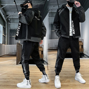 Mens Cargo Pullover Streetwear Hooded Tracksuit 2 Pieces Sets Jackets And Cargo Pants Loose Fit Pants Hip Hop jacket
