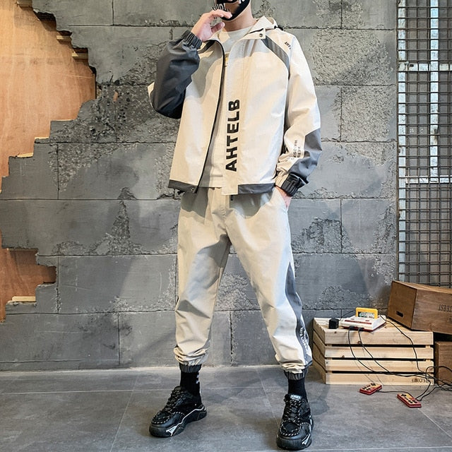 Mens Cargo Pullover Streetwear Hooded Tracksuit 2 Pieces Sets Jackets And Cargo Pants Loose Fit Pants Hip Hop jacket
