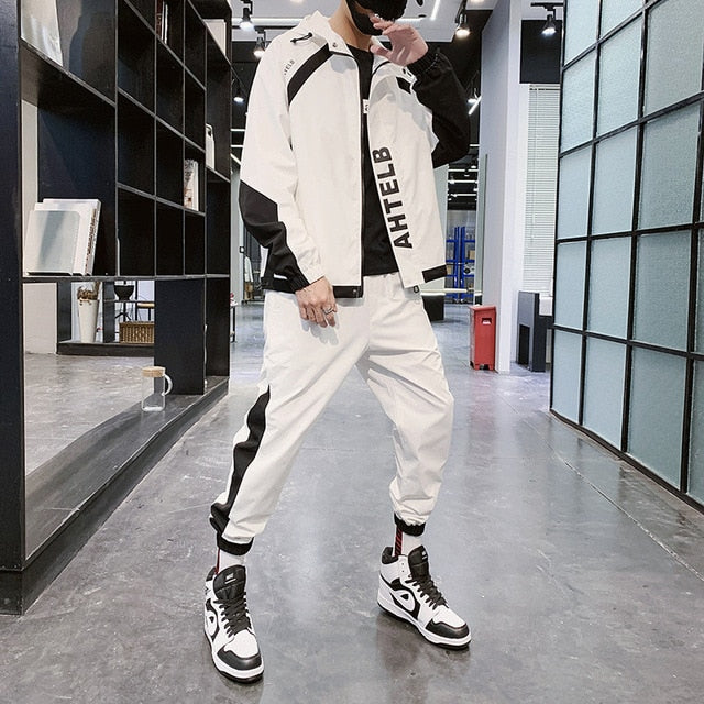 Mens Cargo Pullover Streetwear Hooded Tracksuit 2 Pieces Sets Jackets And Cargo Pants Loose Fit Pants Hip Hop jacket